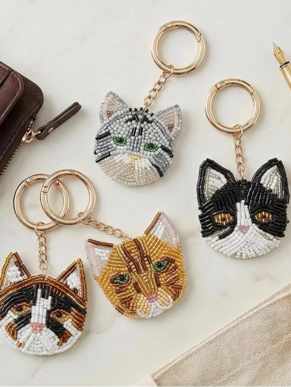 Beaded Handmade Cat Face Keychain or Bag Charm